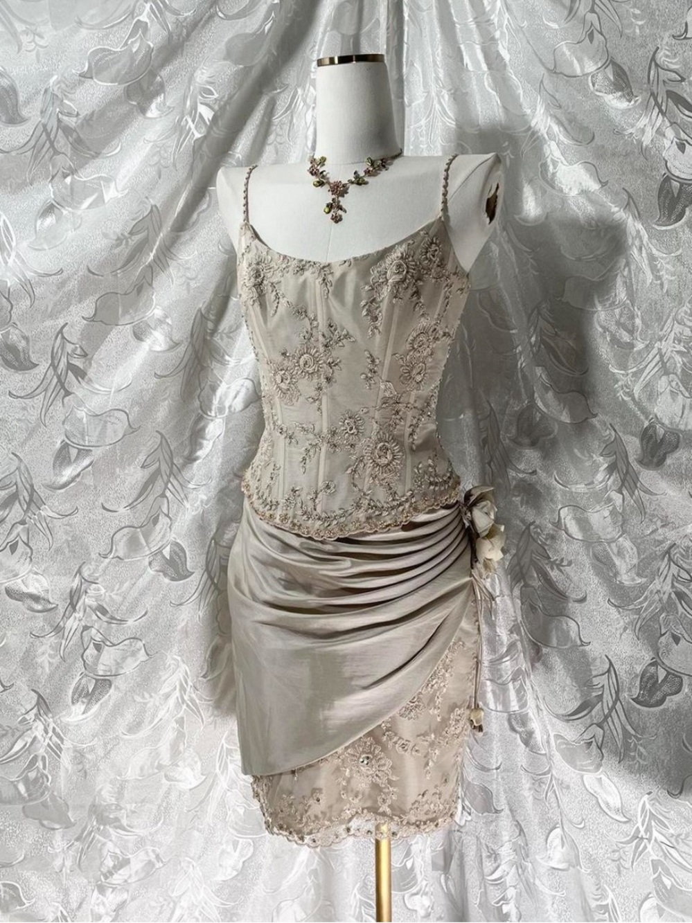 Elegant Champagne Beaded Lace Wedding Dress with Draped Skirt
